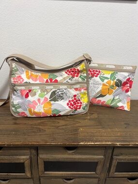 LeSportsac Joy Garden Floral Hobo Nylon Crossbody & Cosmetic Bag Set - Like New